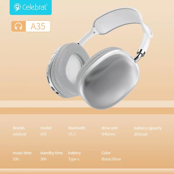 Auriculares Bluetooth Celebrat A35 Diadema Plata - Image 2